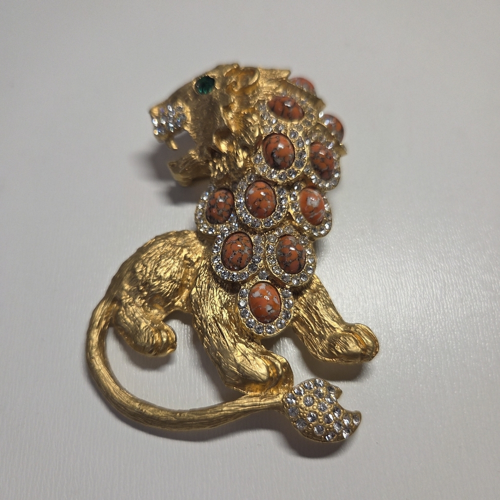 Kenneth Jay Lane Faux Crystal and Coral Lion Brooch